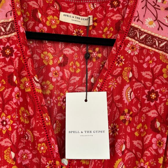 NWT Spell Dahlia Jumpsuit Wide Leg Red Floral Boho Festival Retro embroidered - Picture 13 of 16